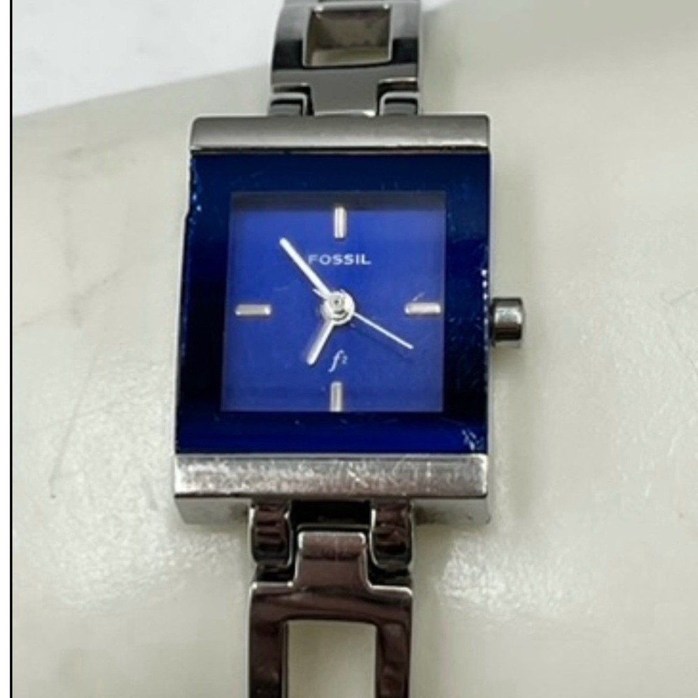 Fossil F2 ES-9389 Timepiece Square Navy Blue Stainless Steel Watch new Battery *